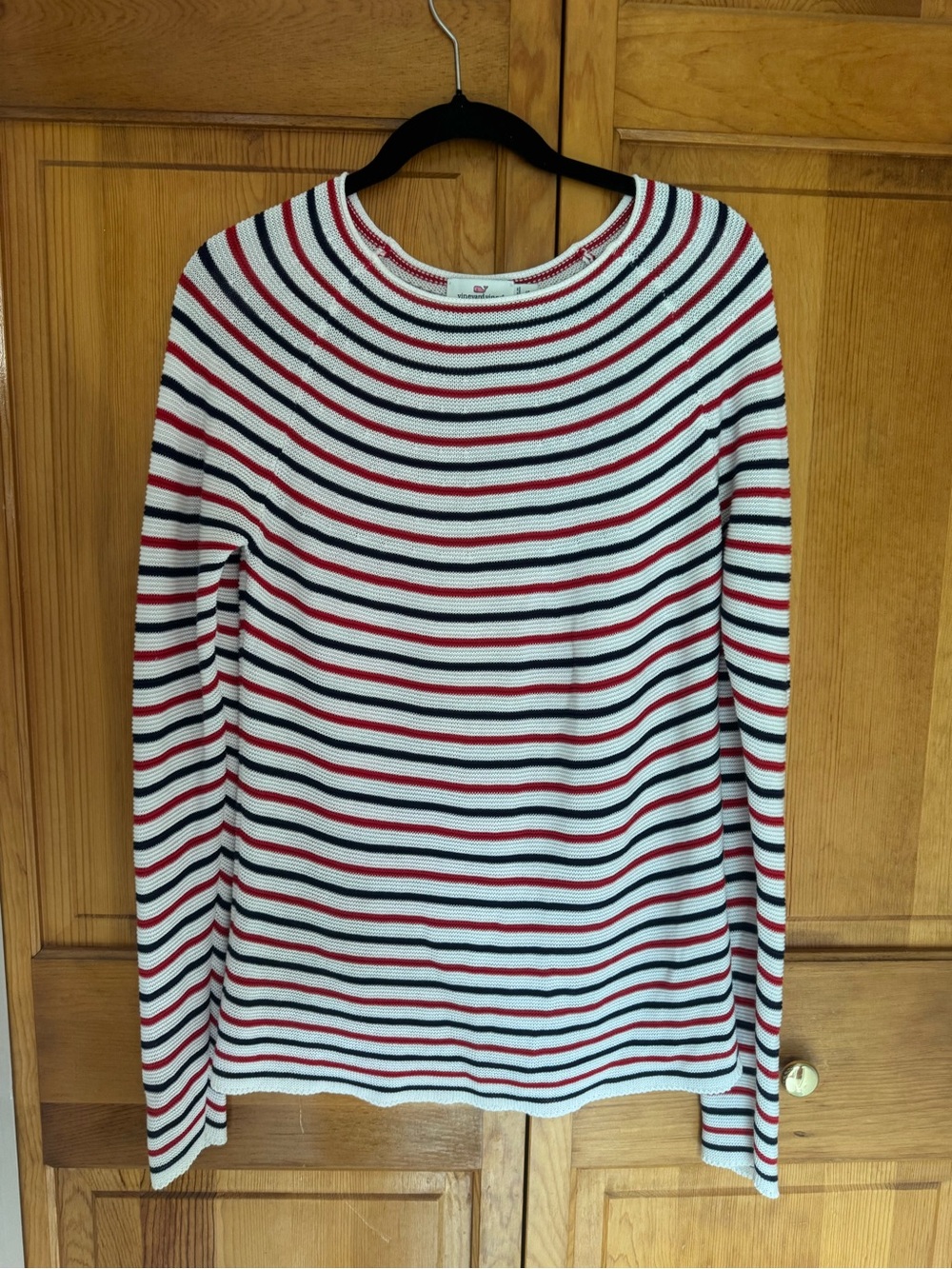 Striped Crewneck Sweater - White with Red & Blue Stripes